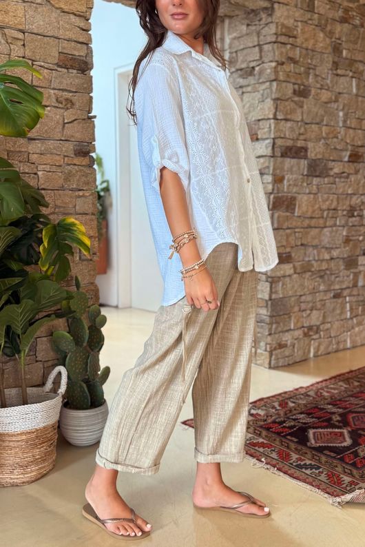 Made in Italy Pia Pillow Cotton Embroidered Tile Classic Shirt White 